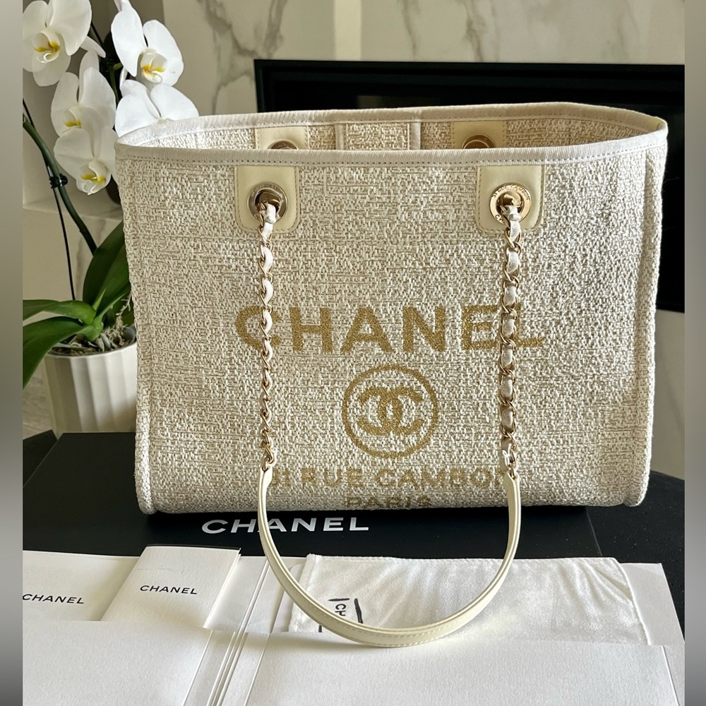 Chanel Ivory and Gold Tweed Deauville Tote Excellent Condition